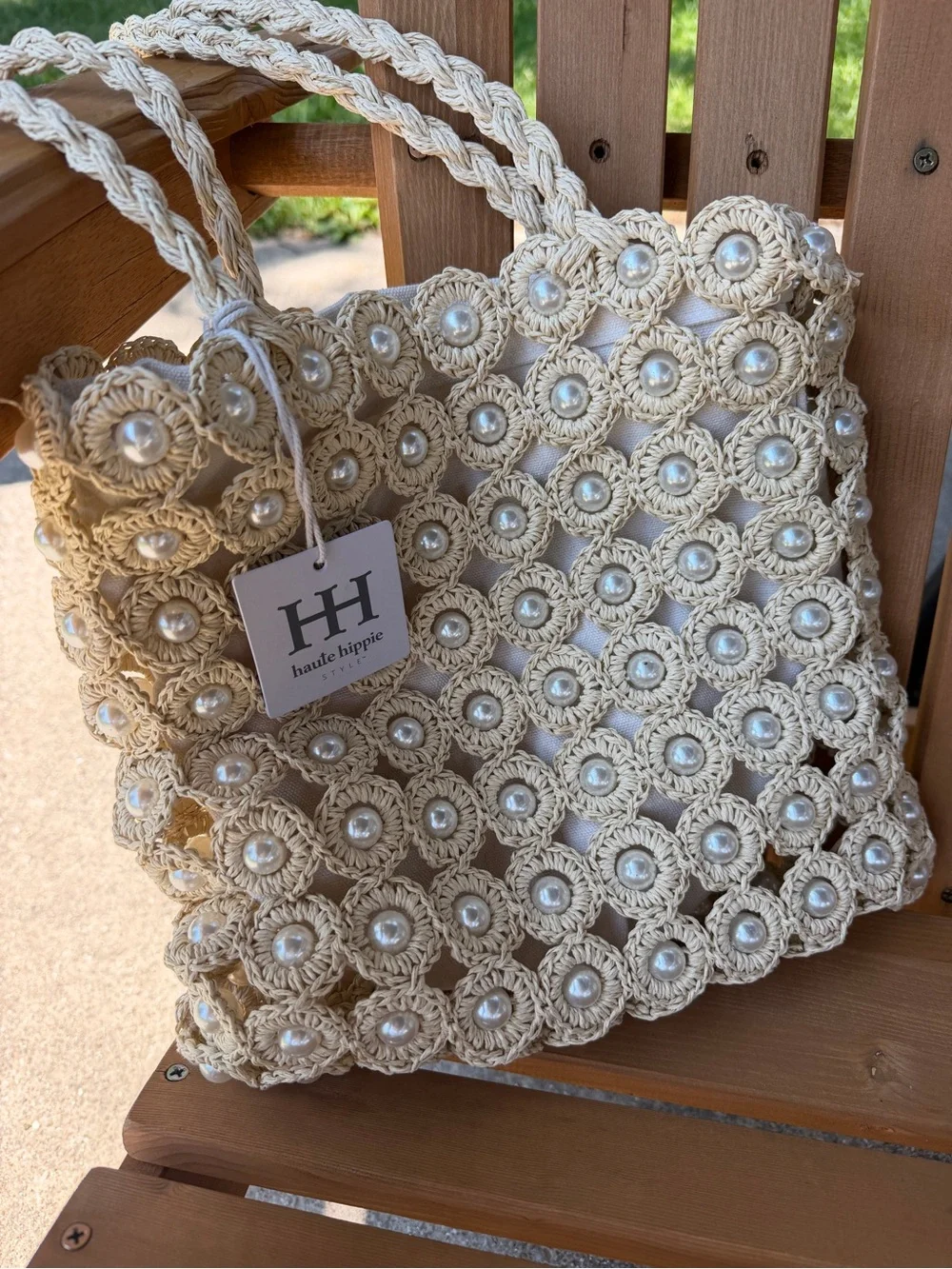Haute Hippie Style Crochet Pearl Tote Bag Cream Woven Macrame Raffia Purse